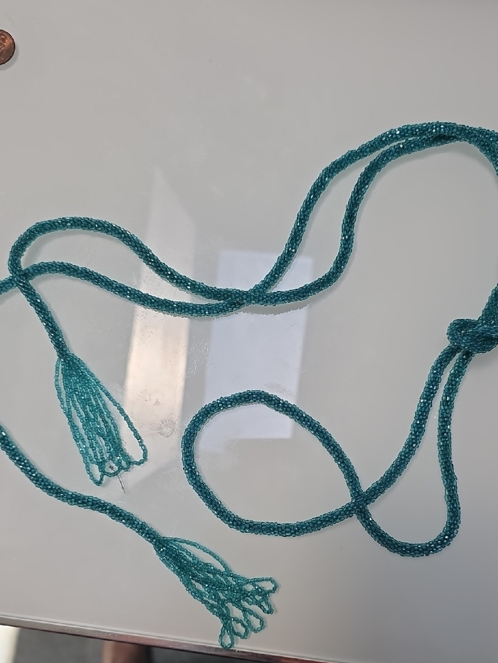 Handmade Lariat Teal Beaded Rope Necklace with Tassels